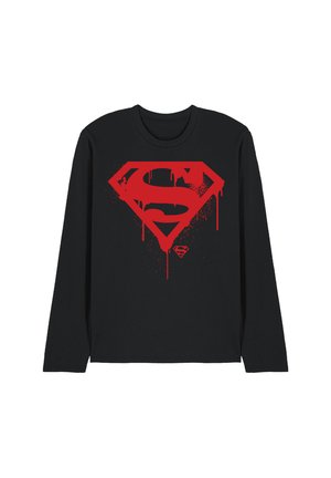 Black long-sleeve shirt with large red Superman logo that appears to be dripping paint on the front center.