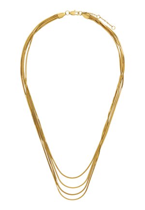 Złocony naszyjnik wielorzędowy z czterema cienkimi łańcuszkami, z zapięciem typu karabińczyk i regulowanym przedłużeniem na białym tle.