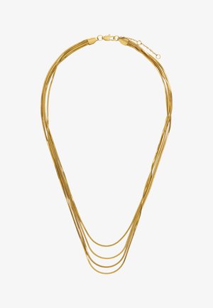 Złocony naszyjnik wielorzędowy z czterema cienkimi łańcuszkami, z zapięciem typu karabińczyk i regulowanym przedłużeniem na białym tle.
