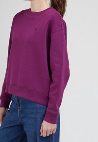 Purple sweatshirt with a round neckline, ribbed cuffs, and hem. Features a small black logo on the chest. Soft texture and relaxed fit.