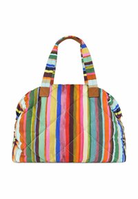 Sac fourre-tout matelassé avec des rayures verticales multicolores. Doté de poignées en cuir marron et d'un motif de couture en losange. Design spacieux.