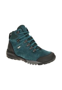 Scarpa da trekking impermeabile realizzata in suede verde scuro, caratterizzata da suole in gomma nere, lacci teal e dettagli in mesh. Design resistente con componenti rinforzati.
