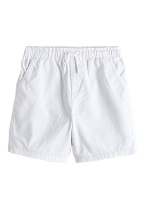 Beli elastični kratki hlači z vrvico za zavezovanje, stranskimi žepi in čistim, gladkim materialom.