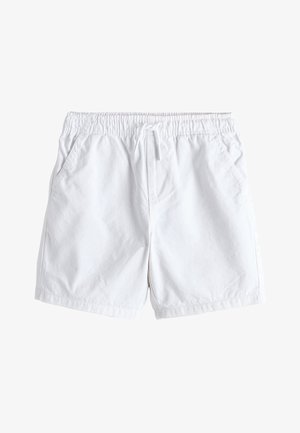 Beli elastični kratki hlači z vrvico za zavezovanje, stranskimi žepi in čistim, gladkim materialom.