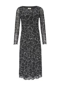 Schwarzes Kleid mit langen Ärmeln, das eine durchsichtige Überlage und ein florales Muster in Weiß aufweist. Gekräuselte Taille und gewellter Saum.
