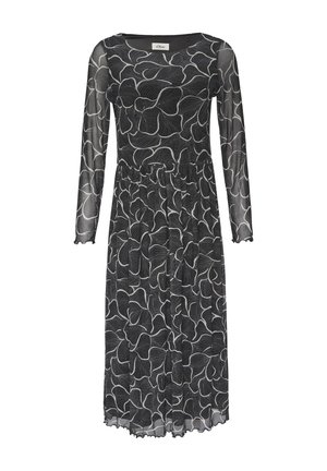 Czarna sukienka z długimi rękawami, z przezroczystą nakładką i białym wzorem kwiatowym. Marszczona talia i falbaniasty dół.