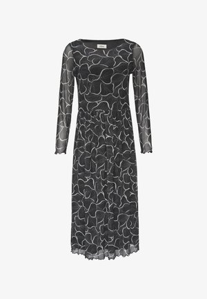 Czarna sukienka z długimi rękawami, z przezroczystą nakładką i białym wzorem kwiatowym. Marszczona talia i falbaniasty dół.