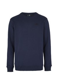 Felpa blu navy realizzata in tessuto morbido, con scollatura a girocollo, maniche lunghe e un piccolo logo nero sul petto.