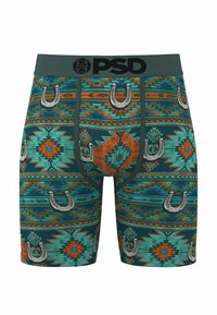 Męskie bokserki na tle w kolorze morskim, z wzorami podkowy i geometrycznymi w kolorach pomarańczowym, turkusowym i szarym. Elastyczny pas z logo.