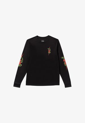 Czarny długi rękaw T-shirt wykonany z bawełny, z zielonymi grafikami węża i czerwonymi akcentami na klatce piersiowej i rękawach. Prosty okrągły dekolt.