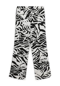 Schwarz-weiß gestreifte Hosen im Zebra-Druck mit weitem Schnitt, aus einem strukturierten Stoff und mit zwei Gesäßtaschen.