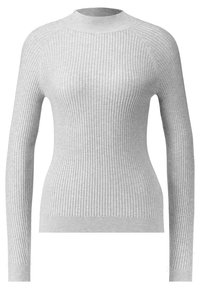 Pull gris côtelé en matière douce, avec un col montant et des manches longues ajustées, arborant un motif texturé sur toute sa surface.