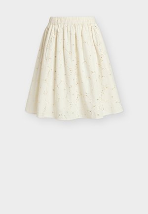 Cremefarbener A-Linien-Rock mit gerafftem elastischem Bund und Lochstickerei mit Blumenmuster auf dem gesamten Stoff.