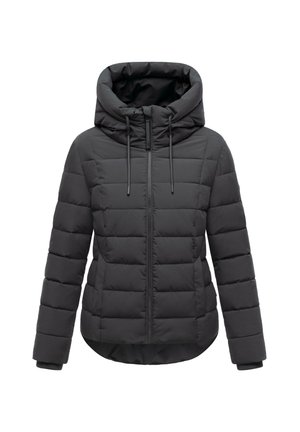 Melnā polsterētā jaka ar augstu apkakli un kapuci. Aprīkota ar priekšējo rāvējslēdzi, horizontalu quiltēšanas rakstu un elastīgām piedurknēm.