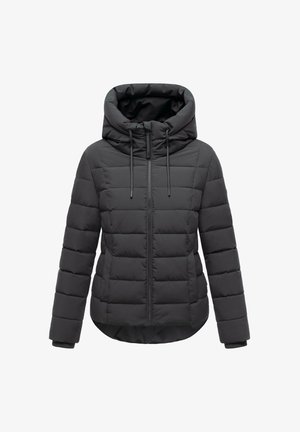 Sort quiltet jakke med høj krave og hætte. Har lynlås foran, horisontalt quiltet mønster og elastiske manchetter.