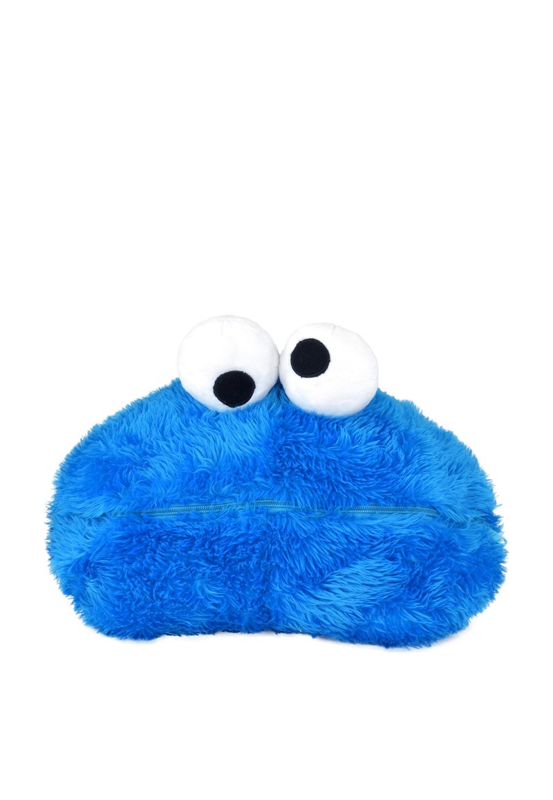 Bustina di peluche blu a forma di personaggio dei cartoni animati, con due grandi occhi bianchi, una texture morbida e pelosa e una chiusura con cerniera lungo la parte inferiore.