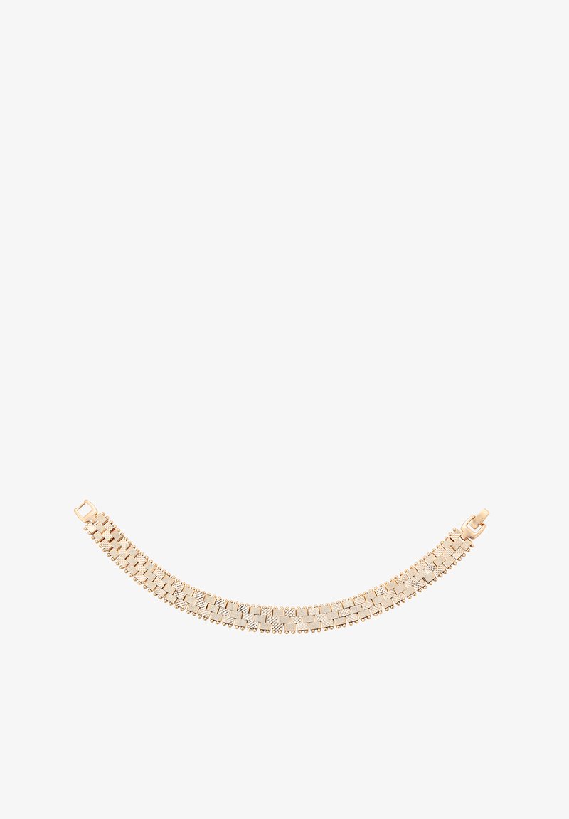 Arany karkötő téglalap alakú, textúrázott láncszemekből és apró kerek gyöngyökből a széleken, dobozcsattal rögzítve.