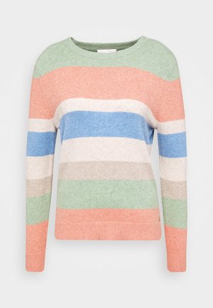 Pull en maille à manches longues avec de larges rayures horizontales dans des tons pastel vert, corail, blanc, bleu et beige, doté d'un col rond.