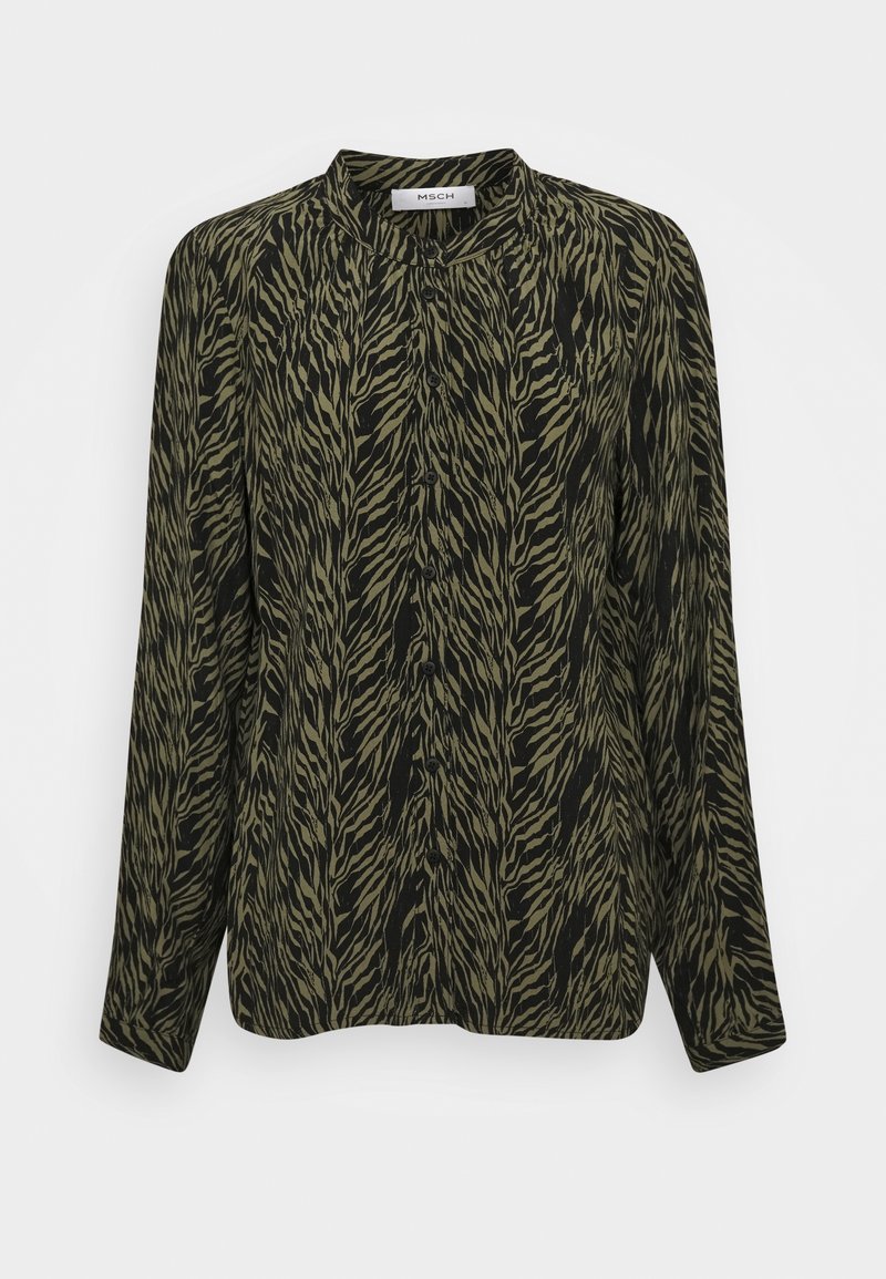 Blouse à manches longues noire et vert olive avec motif à rayures zébrées, col mandarin et fermeture boutonnée à l'avant. Tissu léger à la texture lisse.