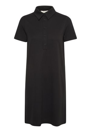 Must mustdress mustkraega, lühikeste varrukatega, viie nööbiga esipaneeli ja sirge siluetiga. Valmistatud siledast ja kergest kangast.