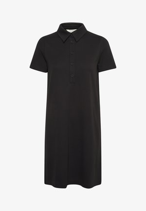 Must mustdress mustkraega, lühikeste varrukatega, viie nööbiga esipaneeli ja sirge siluetiga. Valmistatud siledast ja kergest kangast.