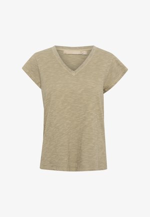 V-ringad T-shirt i ljus olivgrön, tillverkad av mjukt, texturerat tyg med korta ärmar och avslappnad passform.