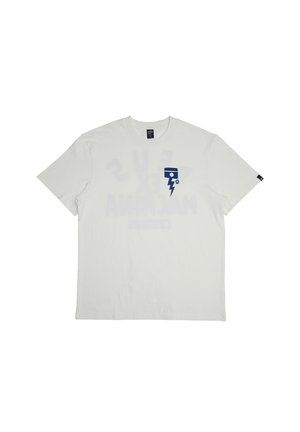 White cotton t-shirt featuring a blue graphic of a lightning bolt with a circular detail, short sleeves, and a crew neck design.