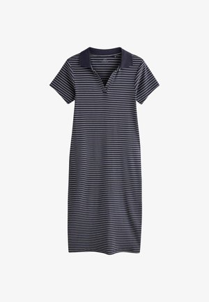 Marine gestreiftes Kleid mit kurzen Ärmeln, einem kragenförmigen Ausschnitt und gerader Passform. Verfügt über weiße horizontale Streifen und eine glatte Stoffoberfläche.