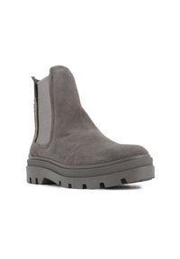 Bottes de cheville en suède gris avec une semelle en caoutchouc épaisse, bout rond, panneaux latéraux élastiques et finition texturée.