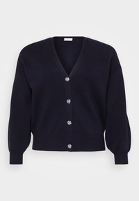 Cardigan navy feito de tecido suave com um decote em V profundo, apresenta seis botões decorativos prateados e mangas longas ligeiramente bufantes.