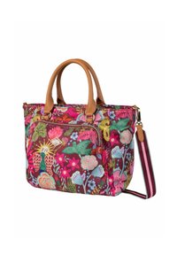 Kleurrijke tas met bloemenpatroon in heldere roze en groene tinten, voorzien van bruine leren handvatten en een afneembare schouderband.
