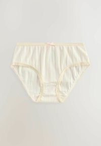 Beige ribbed alushouset, jossa on pehmeä rakenne, ja jossa on pitsireunus sekä pieni vaaleanpunainen nauha vyötäröllä. Vakiomallinen alushousu.