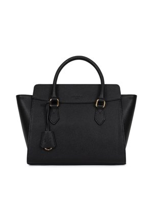 Black structured leather handbag with top handles, gold-tone hardware, and attached leather tag, shown against a white background.