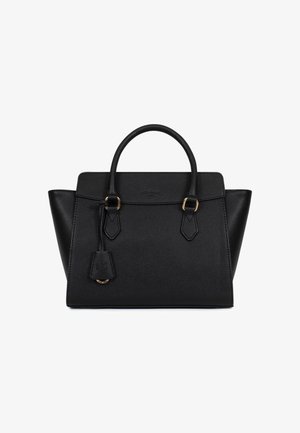 Black structured leather handbag with top handles, gold-tone hardware, and attached leather tag, shown against a white background.