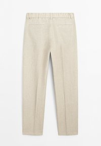 Beige straight-leg trousers, shown from the back, with an elastic waistband and two back welt pockets, laid flat on a white background.