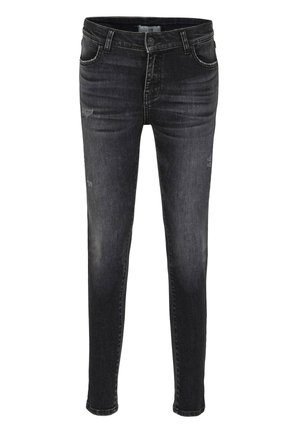 Schwarze Denim-Jeans mit schmaler Passform, die leicht ausgewaschene und distressed Details aufweisen. Klassisches Five-Pocket-Design mit Reißverschluss.