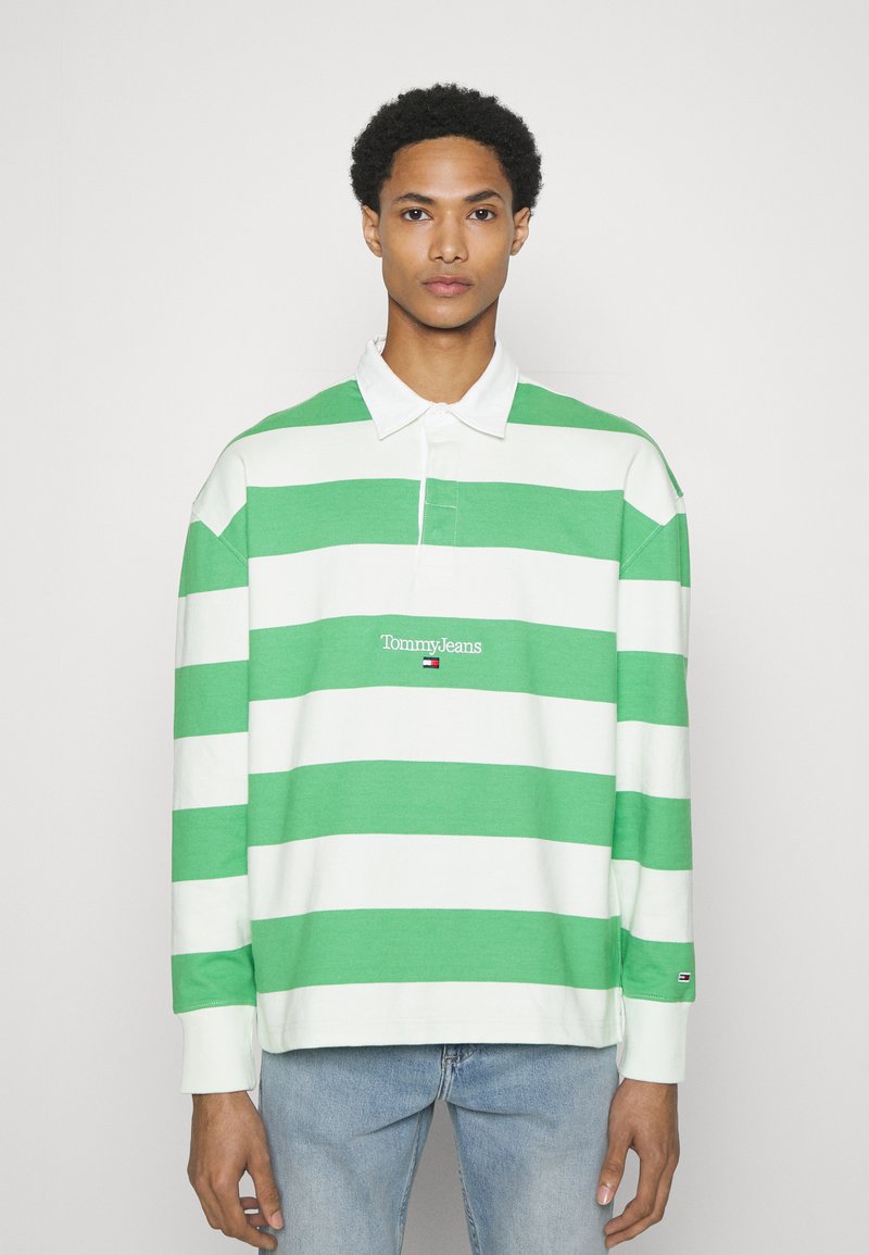 Tommy Jeans SERIF LINEAR STRIPE RUGBY Felpa coastal green/verde