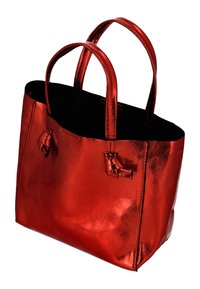 Kiiltävä punainen nahkainen olkalaukku, jossa on kaksi kahvaa ja koristeelliset solmut edessä, avoin yläosa, josta näkyy musta sisusta.