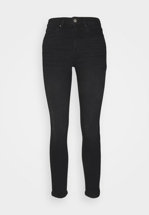 Jean skinny noir taille haute avec bouton et fermeture éclair devant, style cinq poches, et ourlets légèrement resserrés aux chevilles.