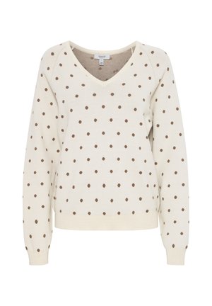 Pull crème avec un col en V, orné de pois marron uniformément répartis, avec des poignets et un ourlet côtelés. Texture tricotée douce.