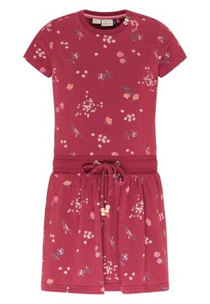 Korte mouwen, bordeauxrode jurk met roze en witte bloemenprint, ronde halslijn en een taille met koord en kralenaccenten.