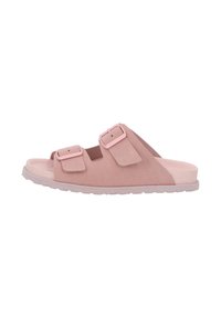 Pink suede slide sandals with two adjustable buckles and a textured rubber sole. Open-toe design with a contoured footbed for comfort.