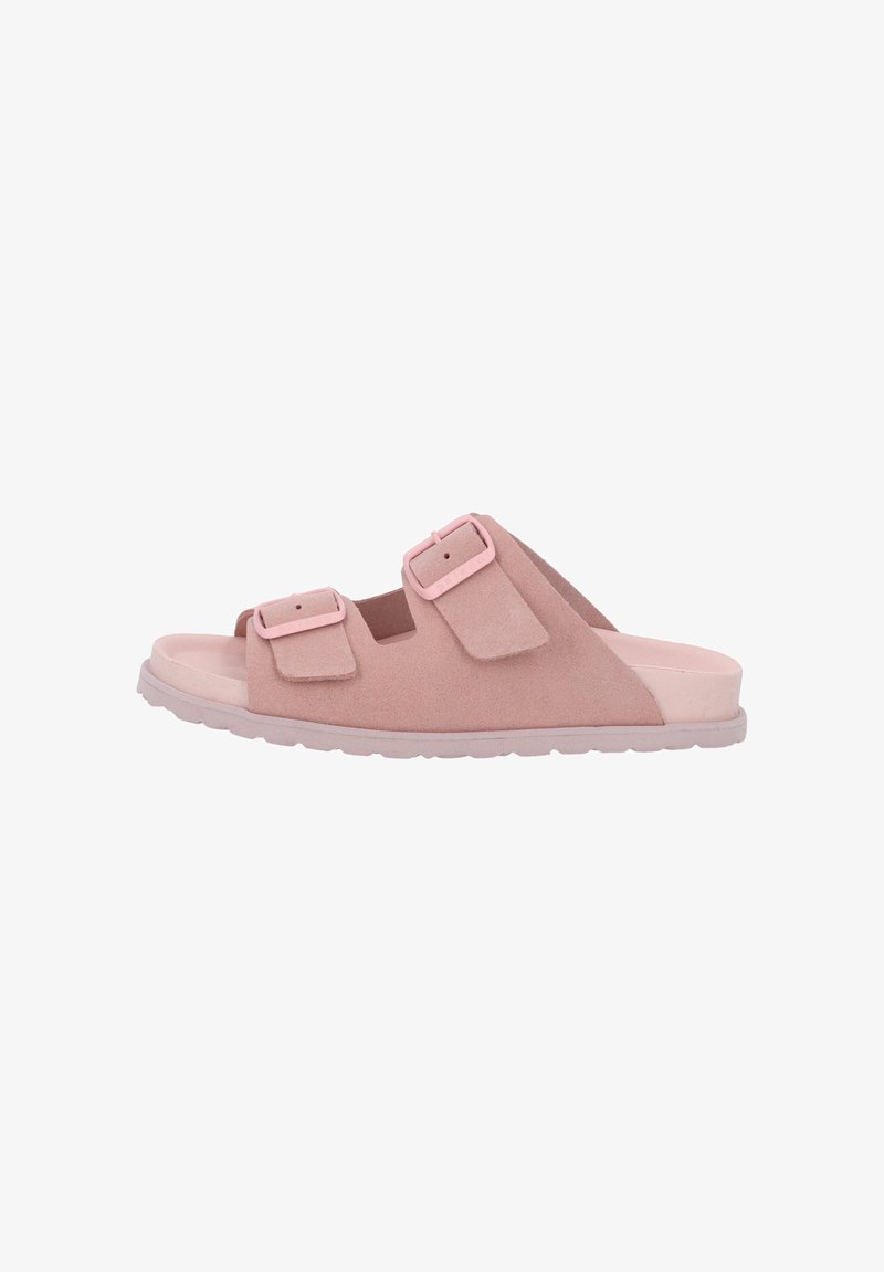 Pink suede slide sandals with two adjustable buckles and a textured rubber sole. Open-toe design with a contoured footbed for comfort.
