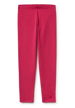 Leuchtend pinke, durchgehende Leggings mit elastischem Bund und kleinem besticktem Logo nahe dem linken Knöchel.