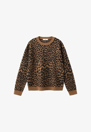 Leo-Print Pullover in Braun und Schwarz. Mit Rundhalsausschnitt, langen Ärmeln und gerippten Bündchen. Hergestellt aus weichem, strukturiertem Strickmaterial.