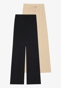 Δύο ζεύγη παντελονιών με φαρδιά πόδια: ένα μαύρο και ένα μπεζ. Κατασκευασμένα από μαλακό ύφασμα, με ρυθμιζόμενη μέση και άνετη εφαρμογή.