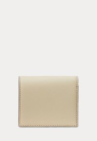 Cream textured leather wallet with visible stitching along edges, folded flat against a plain white background.