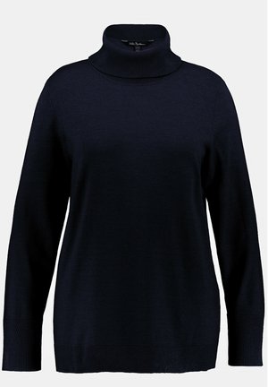 Námornícky turtleneck sveter s dlhými rukávmi, rebrovaným výstrihom a manžetami, a jemnou, hladkou textúrou. Jednoduchý, klasický dizajn bez vzorov.