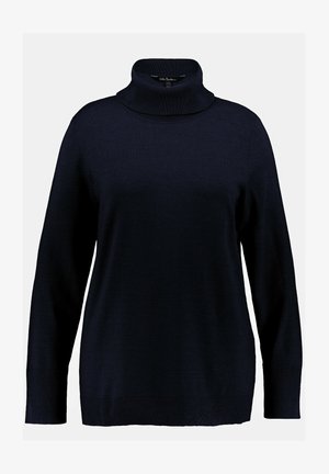 Námornícky turtleneck sveter s dlhými rukávmi, rebrovaným výstrihom a manžetami, a jemnou, hladkou textúrou. Jednoduchý, klasický dizajn bez vzorov.