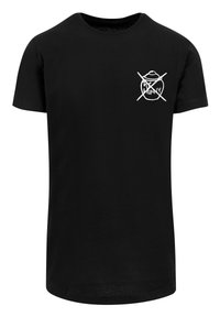 Svart bomulls T-skjorte med rund hals og korte ermer. Har et hvitt grafisk design på forsiden, inkludert tekst og en illustrasjon av en potte.
